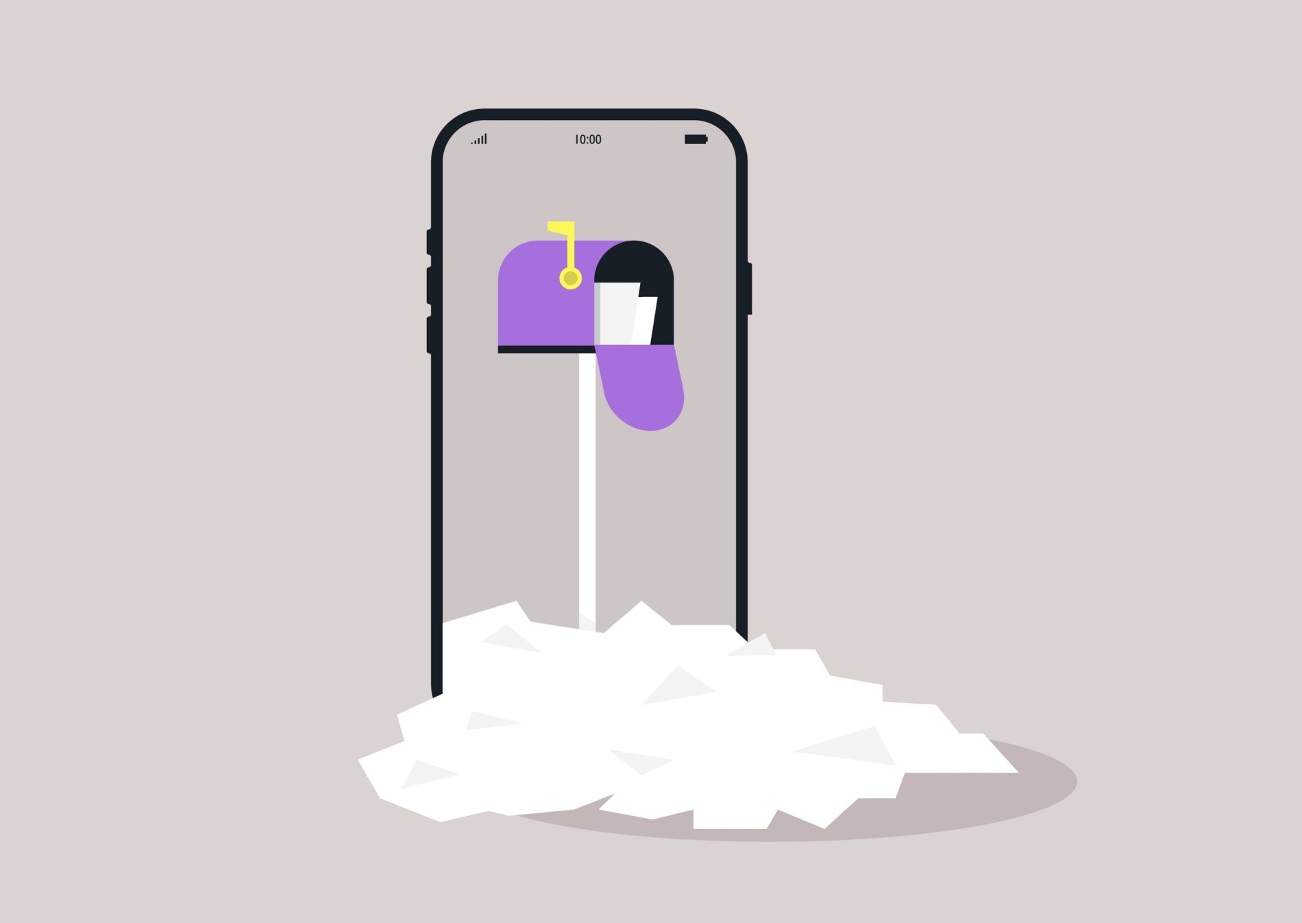 Letterbox depicting an email inbox on a phone screen with a pile of emails on the floor, and the important emails in the letterbox.